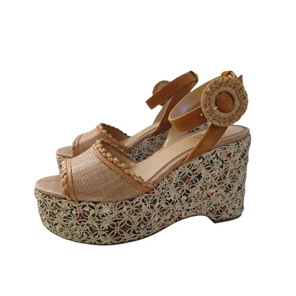 Sam Edelman Tan Floral Amber Espadrille Platform Ankle Strap Sandals Size 9